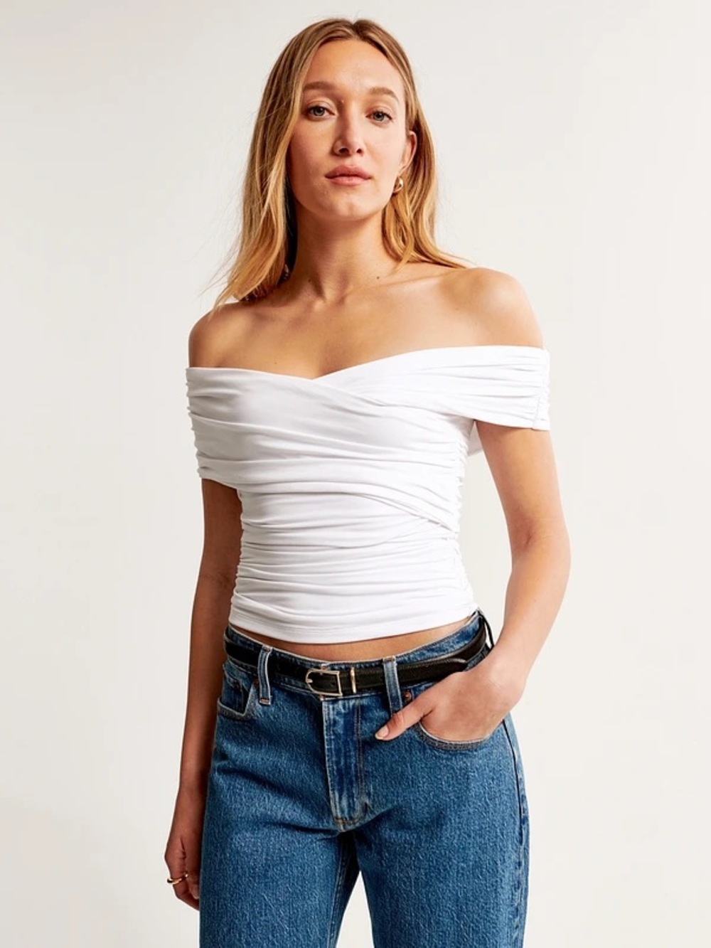 Abercrombie & Fitch White Off-Shoulder Ruched Wrap Top